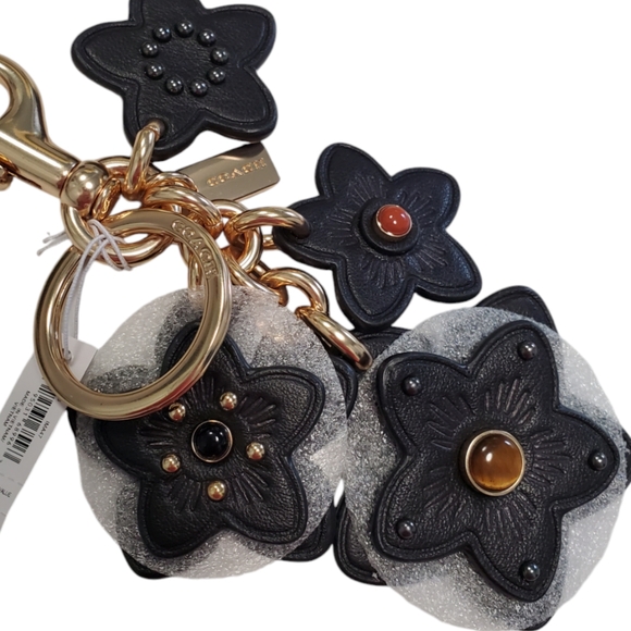 Coach Wildflower Mix Large Leather Bag Charm Black & Gold Multi - Picture 2 of 7